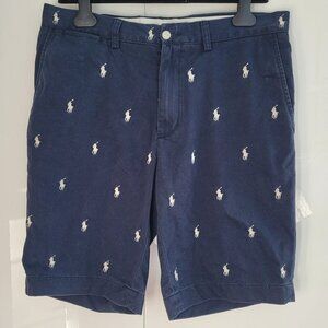 Polo Ralph Lauren Mens Flat-Front All Over Pony Logo Chino Shorts Navy Size 34